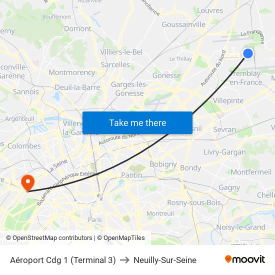 Aéroport Cdg 1 (Terminal 3) to Neuilly-Sur-Seine map