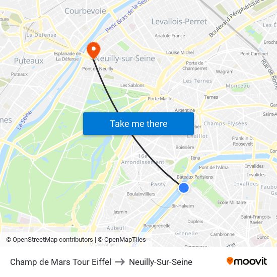 Champ de Mars Tour Eiffel to Neuilly-Sur-Seine map