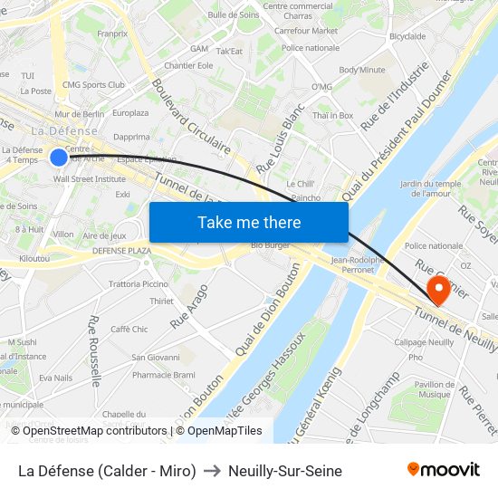 La Défense (Calder - Miro) to Neuilly-Sur-Seine map