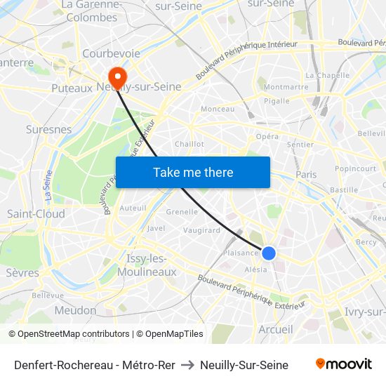 Denfert-Rochereau - Métro-Rer to Neuilly-Sur-Seine map