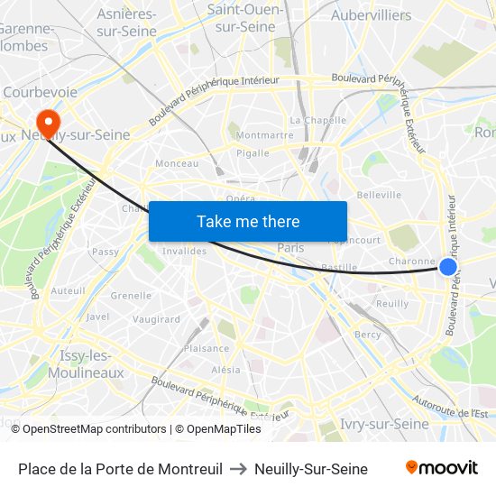 Place de la Porte de Montreuil to Neuilly-Sur-Seine map