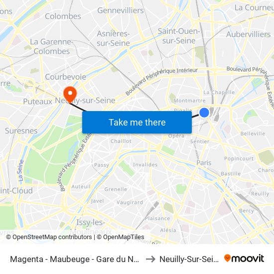 Magenta - Maubeuge - Gare du Nord to Neuilly-Sur-Seine map
