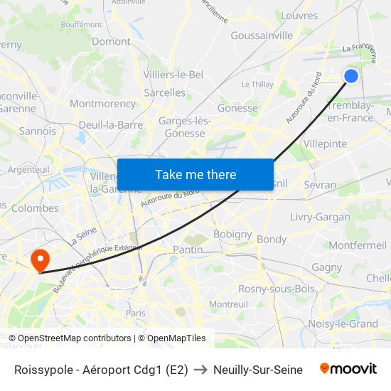 Roissypole - Aéroport Cdg1 (E2) to Neuilly-Sur-Seine map