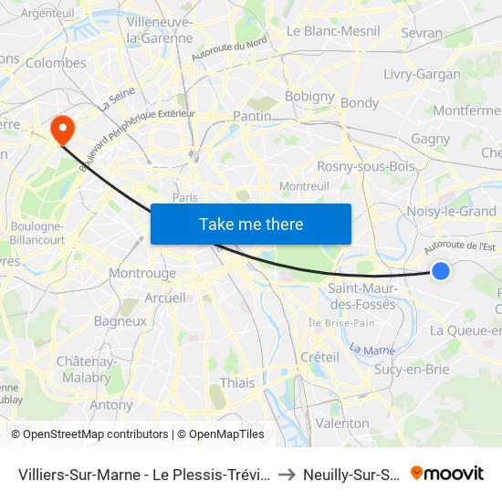 Villiers-Sur-Marne - Le Plessis-Trévise RER to Neuilly-Sur-Seine map