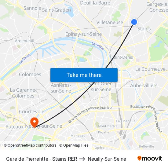 Gare de Pierrefitte - Stains RER to Neuilly-Sur-Seine map