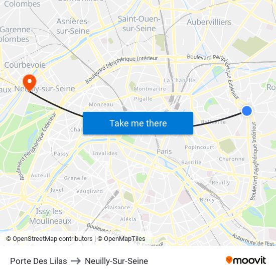 Porte Des Lilas to Neuilly-Sur-Seine map