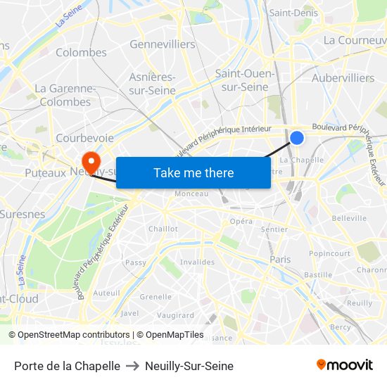 Porte de la Chapelle to Neuilly-Sur-Seine map