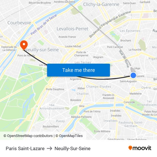 Paris Saint-Lazare to Neuilly-Sur-Seine map