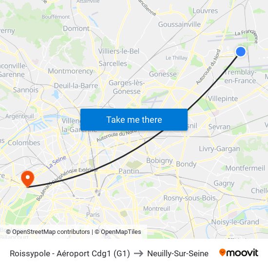 Roissypole - Aéroport Cdg1 (G1) to Neuilly-Sur-Seine map
