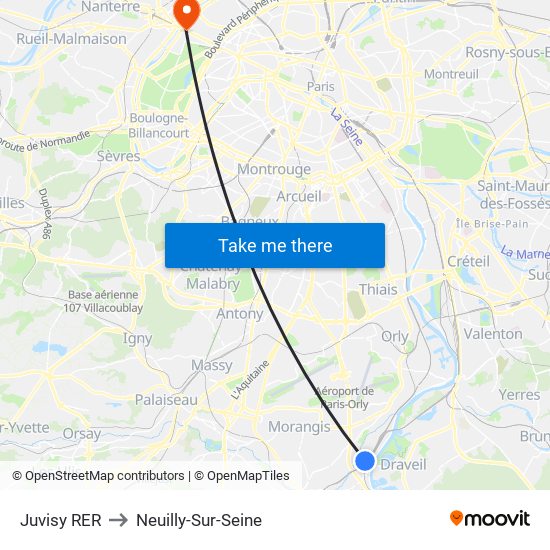 Juvisy RER to Neuilly-Sur-Seine map
