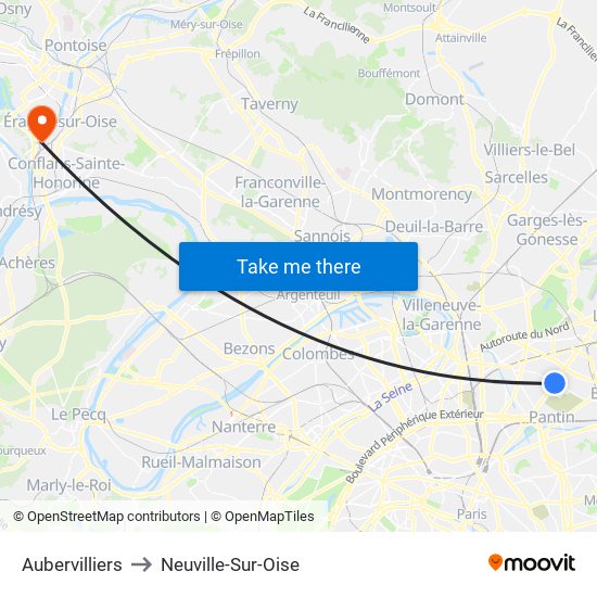 Aubervilliers to Neuville-Sur-Oise map