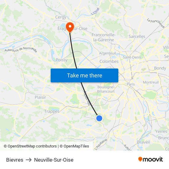 Bievres to Neuville-Sur-Oise map