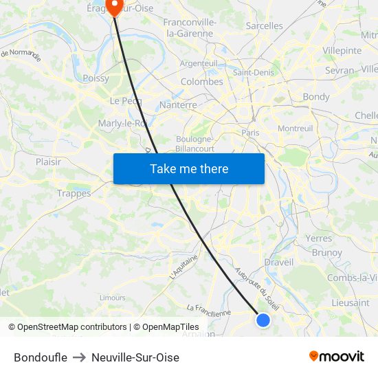 Bondoufle to Neuville-Sur-Oise map