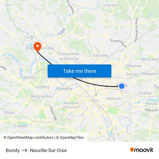 Bondy to Neuville-Sur-Oise map