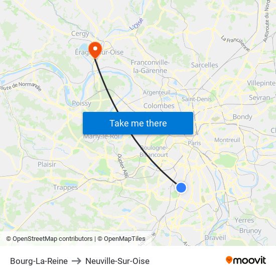Bourg-La-Reine to Neuville-Sur-Oise map