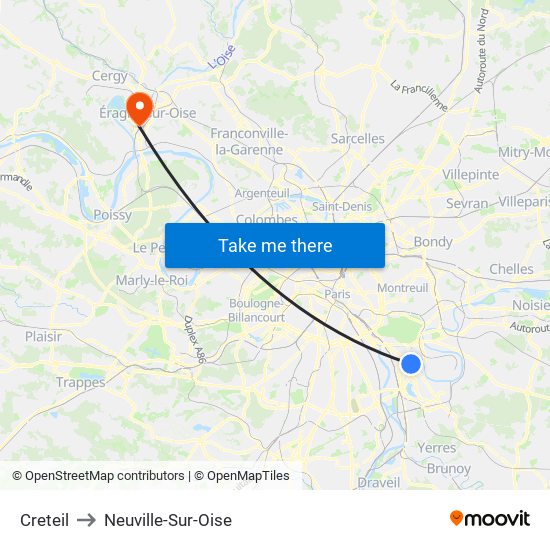 Creteil to Neuville-Sur-Oise map