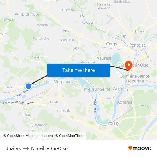 Juziers to Neuville-Sur-Oise map