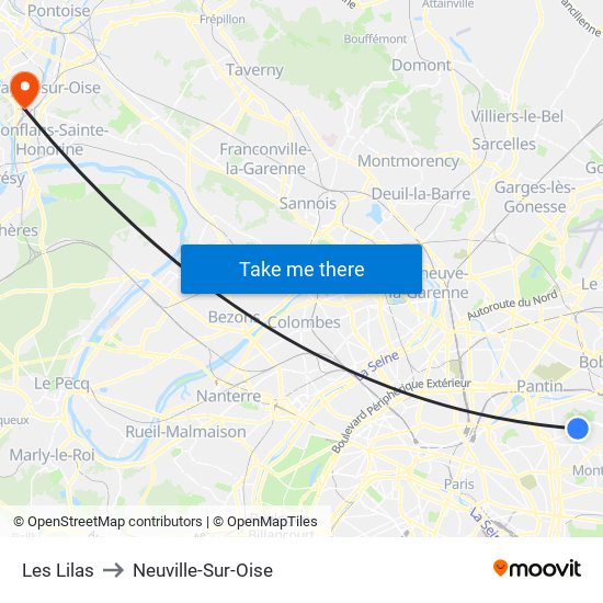 Les Lilas to Neuville-Sur-Oise map