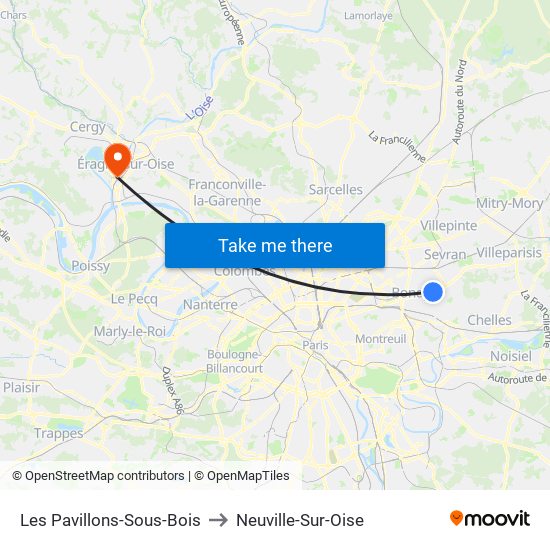 Les Pavillons-Sous-Bois to Neuville-Sur-Oise map