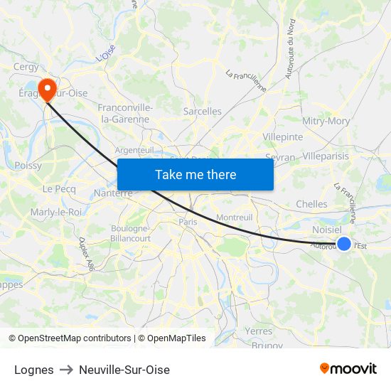 Lognes to Neuville-Sur-Oise map