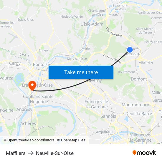 Maffliers to Neuville-Sur-Oise map