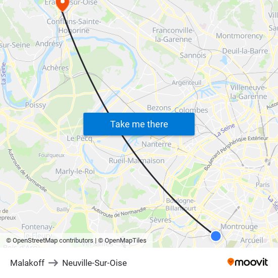 Malakoff to Neuville-Sur-Oise map