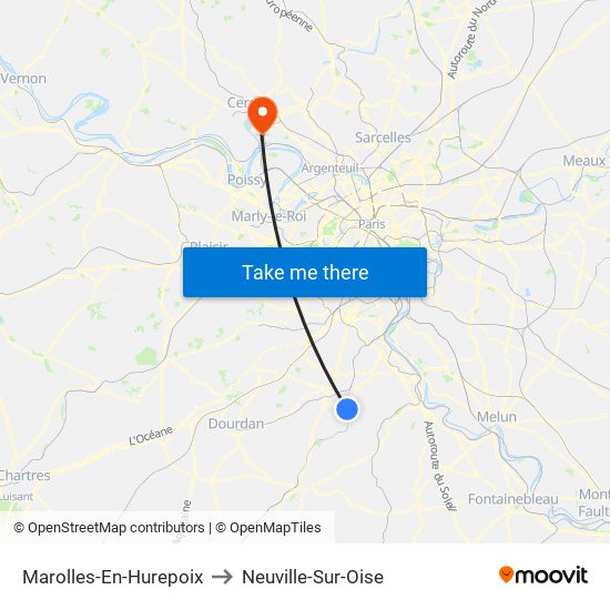 Marolles-En-Hurepoix to Neuville-Sur-Oise map