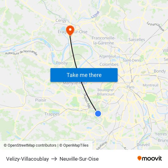 Velizy-Villacoublay to Neuville-Sur-Oise map