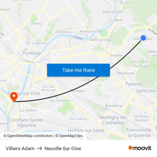 Villiers-Adam to Neuville-Sur-Oise map