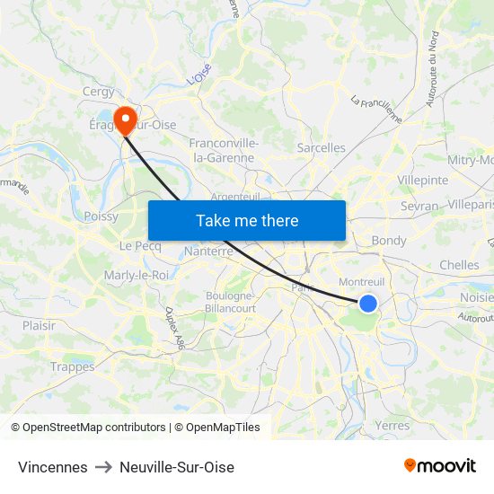 Vincennes to Neuville-Sur-Oise map