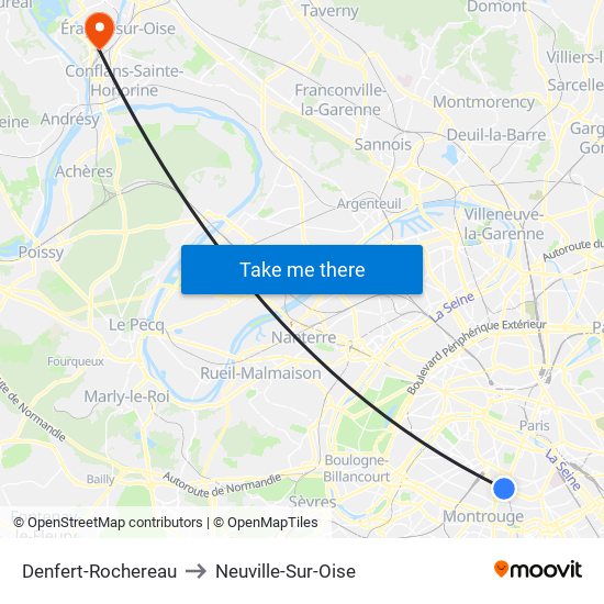 Denfert-Rochereau to Neuville-Sur-Oise map