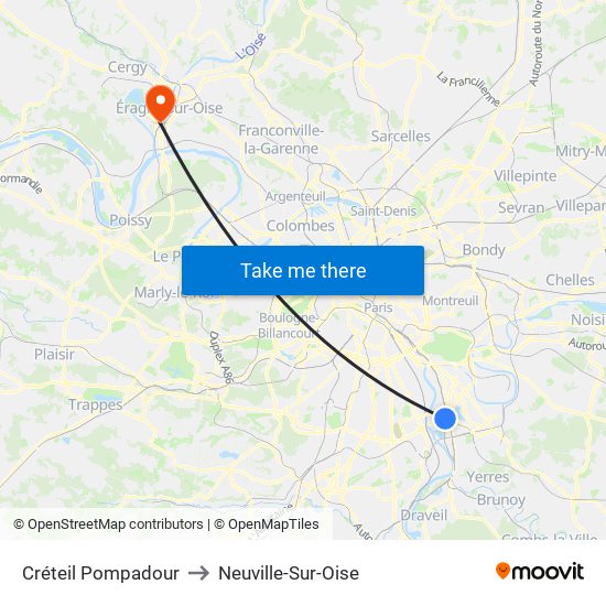 Créteil Pompadour to Neuville-Sur-Oise map