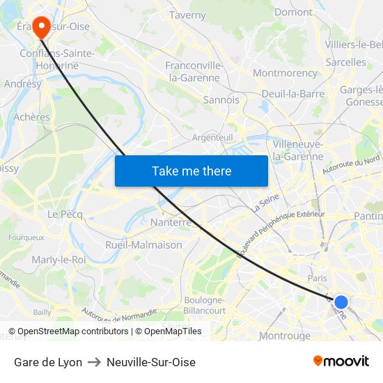 Gare de Lyon to Neuville-Sur-Oise map