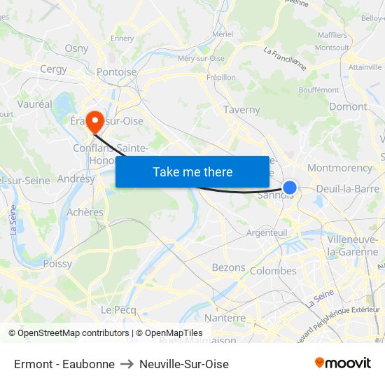 Ermont - Eaubonne to Neuville-Sur-Oise map