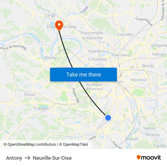 Antony to Neuville-Sur-Oise map