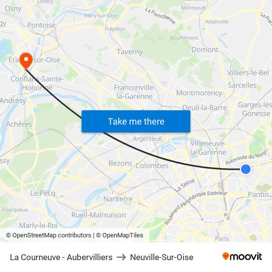 La Courneuve - Aubervilliers to Neuville-Sur-Oise map