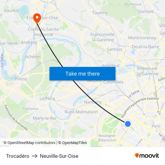 Trocadéro to Neuville-Sur-Oise map