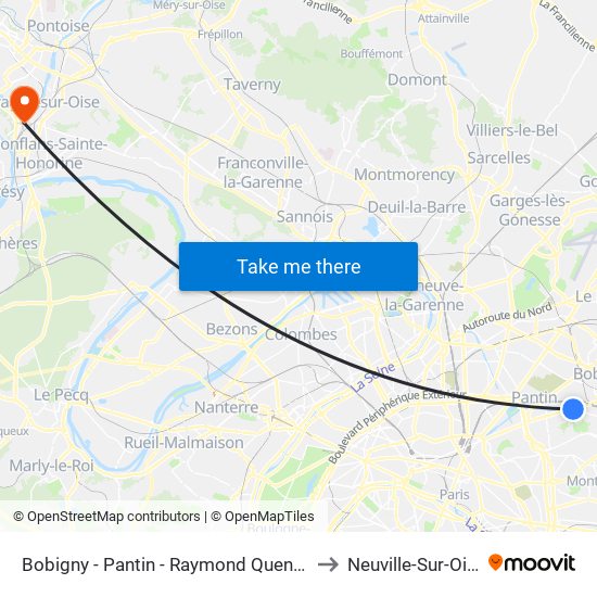 Bobigny - Pantin - Raymond Queneau to Neuville-Sur-Oise map