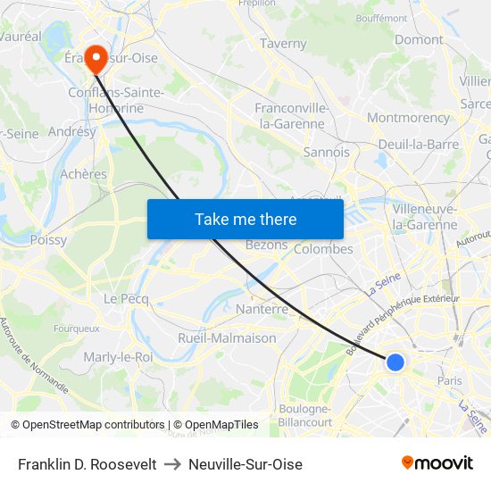 Franklin D. Roosevelt to Neuville-Sur-Oise map