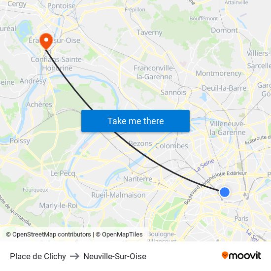 Place de Clichy to Neuville-Sur-Oise map