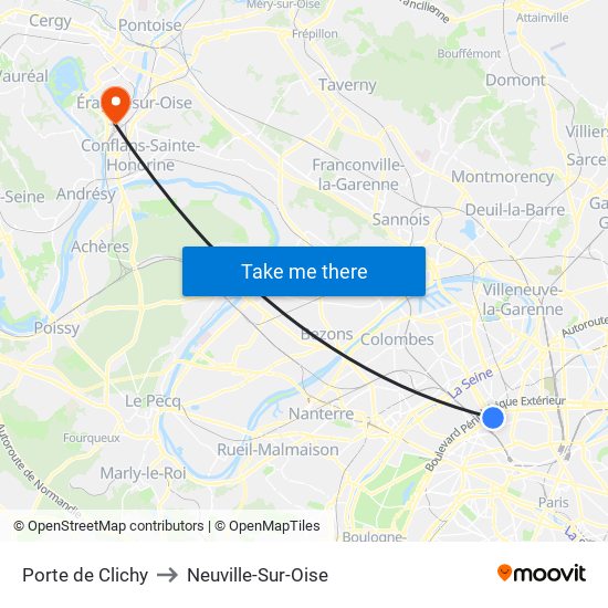 Porte de Clichy to Neuville-Sur-Oise map