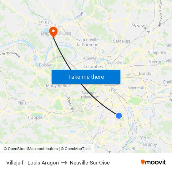 Villejuif - Louis Aragon to Neuville-Sur-Oise map
