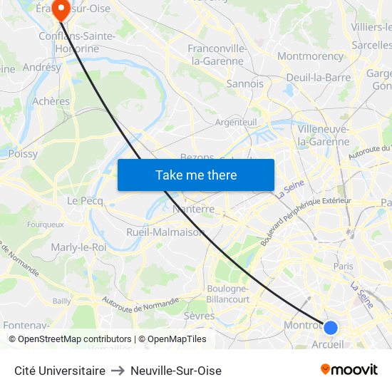 Cité Universitaire to Neuville-Sur-Oise map