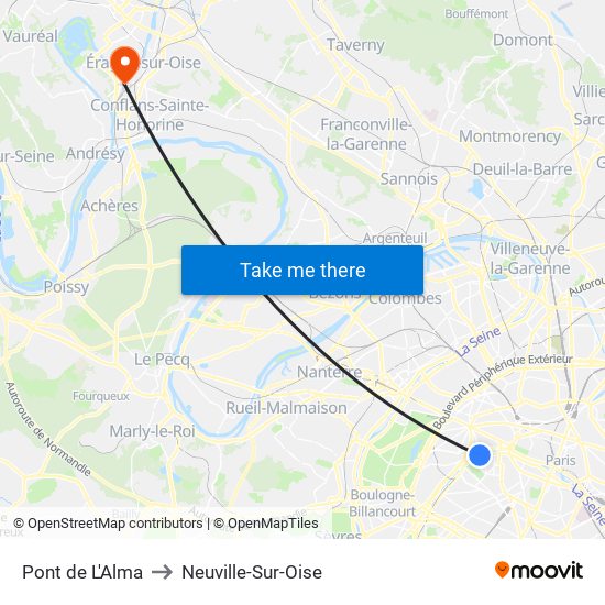 Pont de L'Alma to Neuville-Sur-Oise map