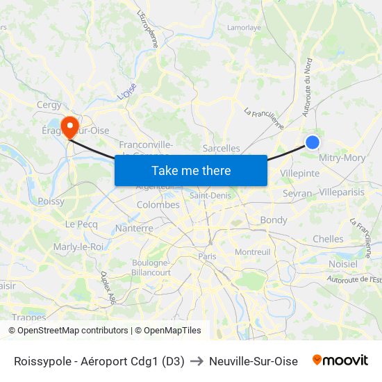Roissypole - Aéroport Cdg1 (D3) to Neuville-Sur-Oise map