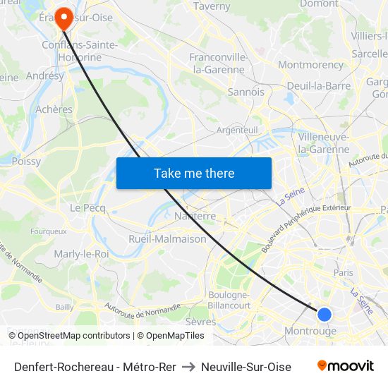 Denfert-Rochereau - Métro-Rer to Neuville-Sur-Oise map