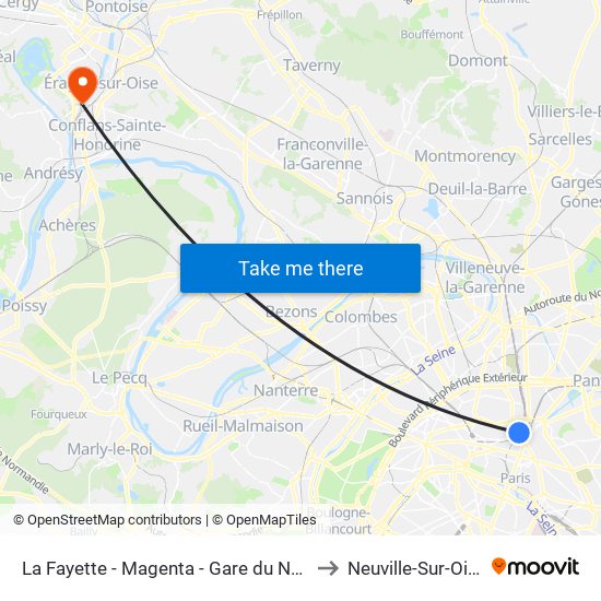 La Fayette - Magenta - Gare du Nord to Neuville-Sur-Oise map