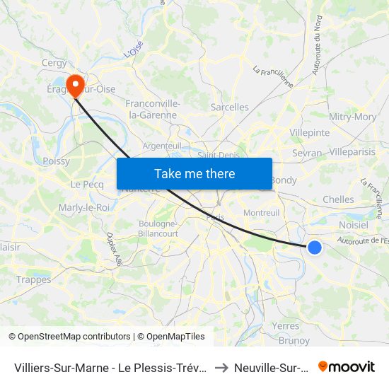 Villiers-Sur-Marne - Le Plessis-Trévise RER to Neuville-Sur-Oise map