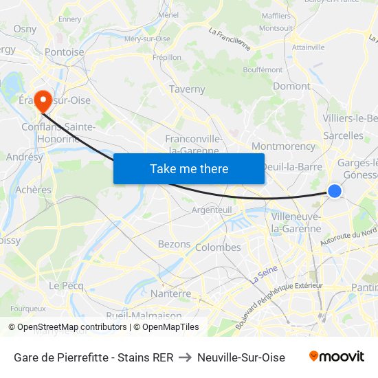 Gare de Pierrefitte - Stains RER to Neuville-Sur-Oise map