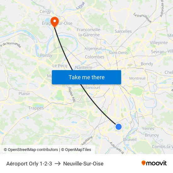 Aéroport Orly 1-2-3 to Neuville-Sur-Oise map